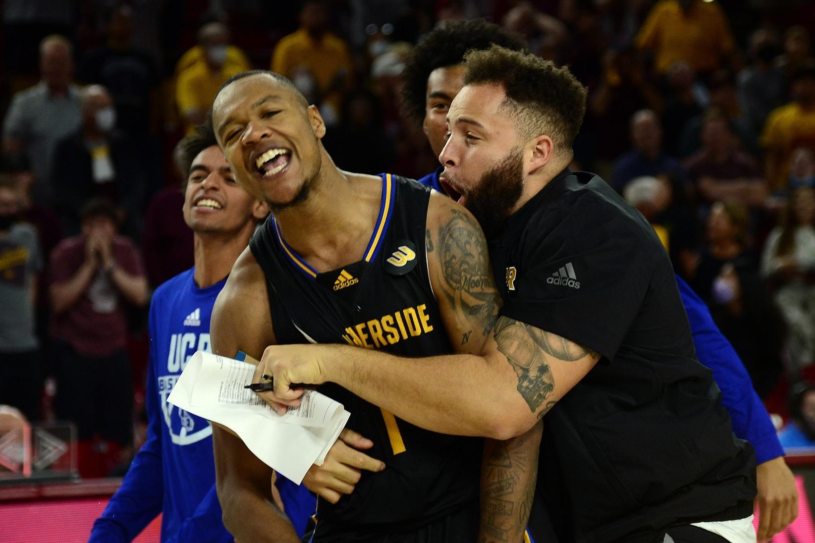 UC Riverside's J.P. Moorman II celebrates after shocking Arizona State with last-second shot.