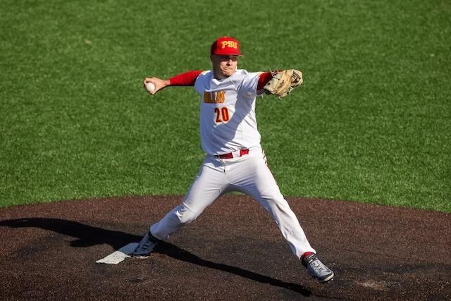 Kolby Dougan throwing a pitch in DII baseball.