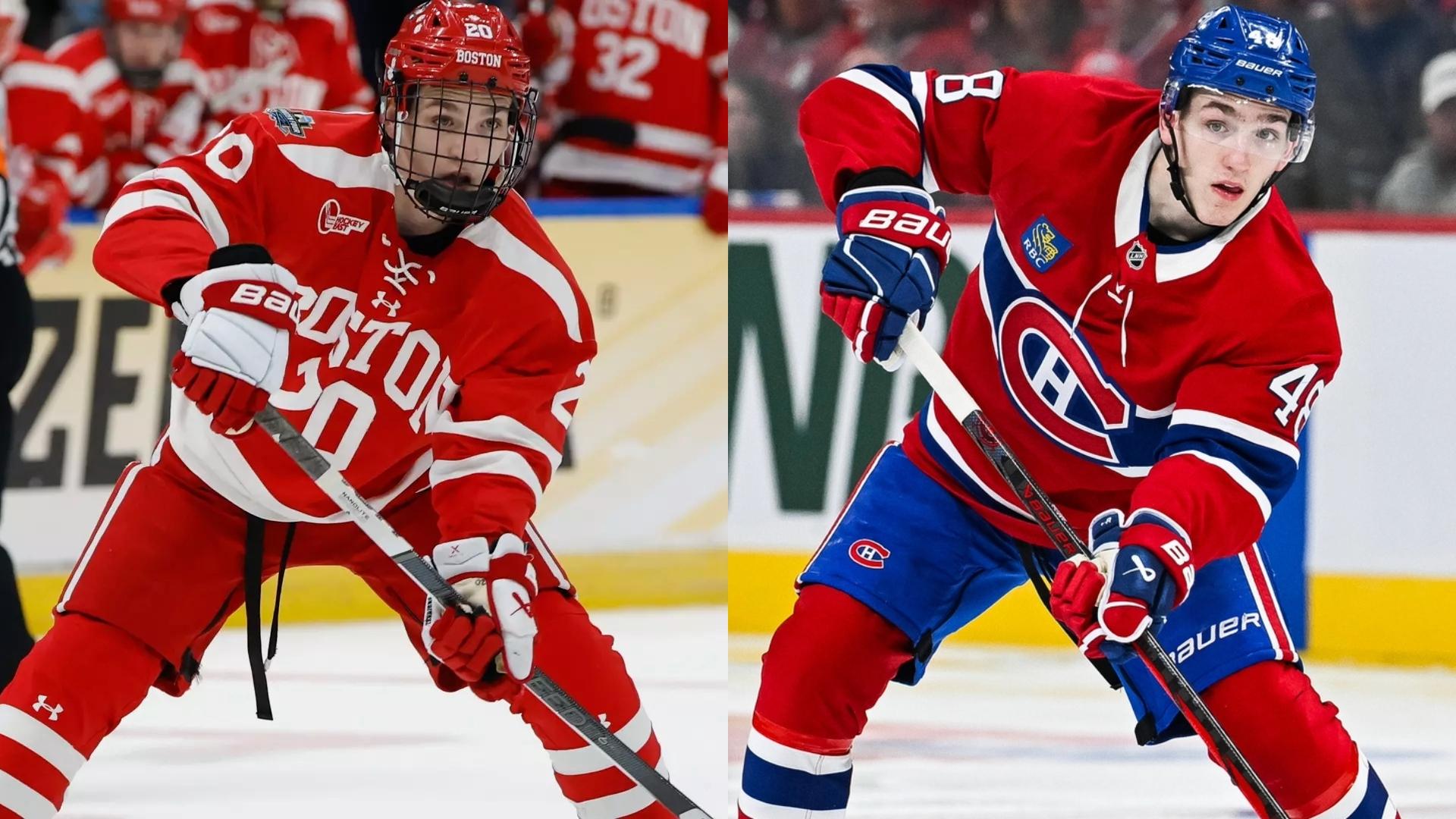 Lane Hutson as a member of Boston University and the Montreal Canadiens